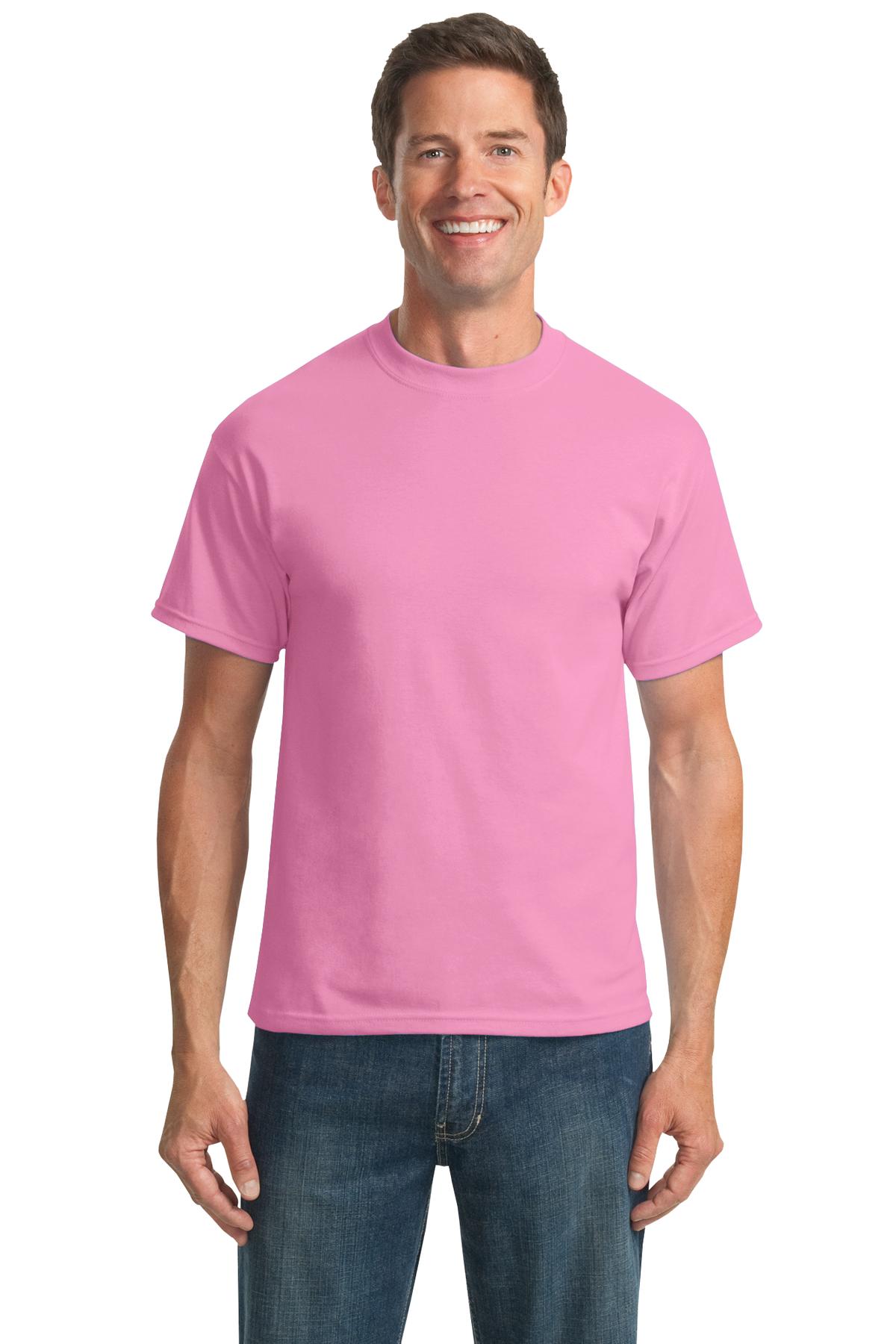 Front View of Candy Pink Port & Company Tall Core Blend Tee. PC55T