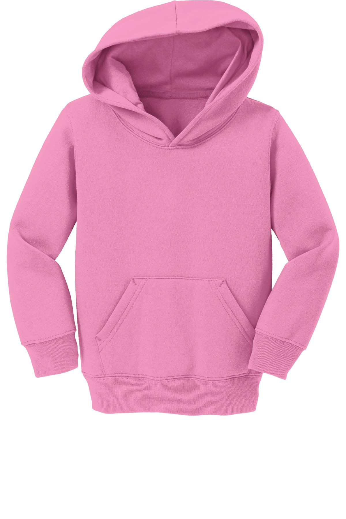 Front View of Candy Pink Port & Company Toddler Core Fleece Pullover Hooded Sweatshirt. CAR78TH