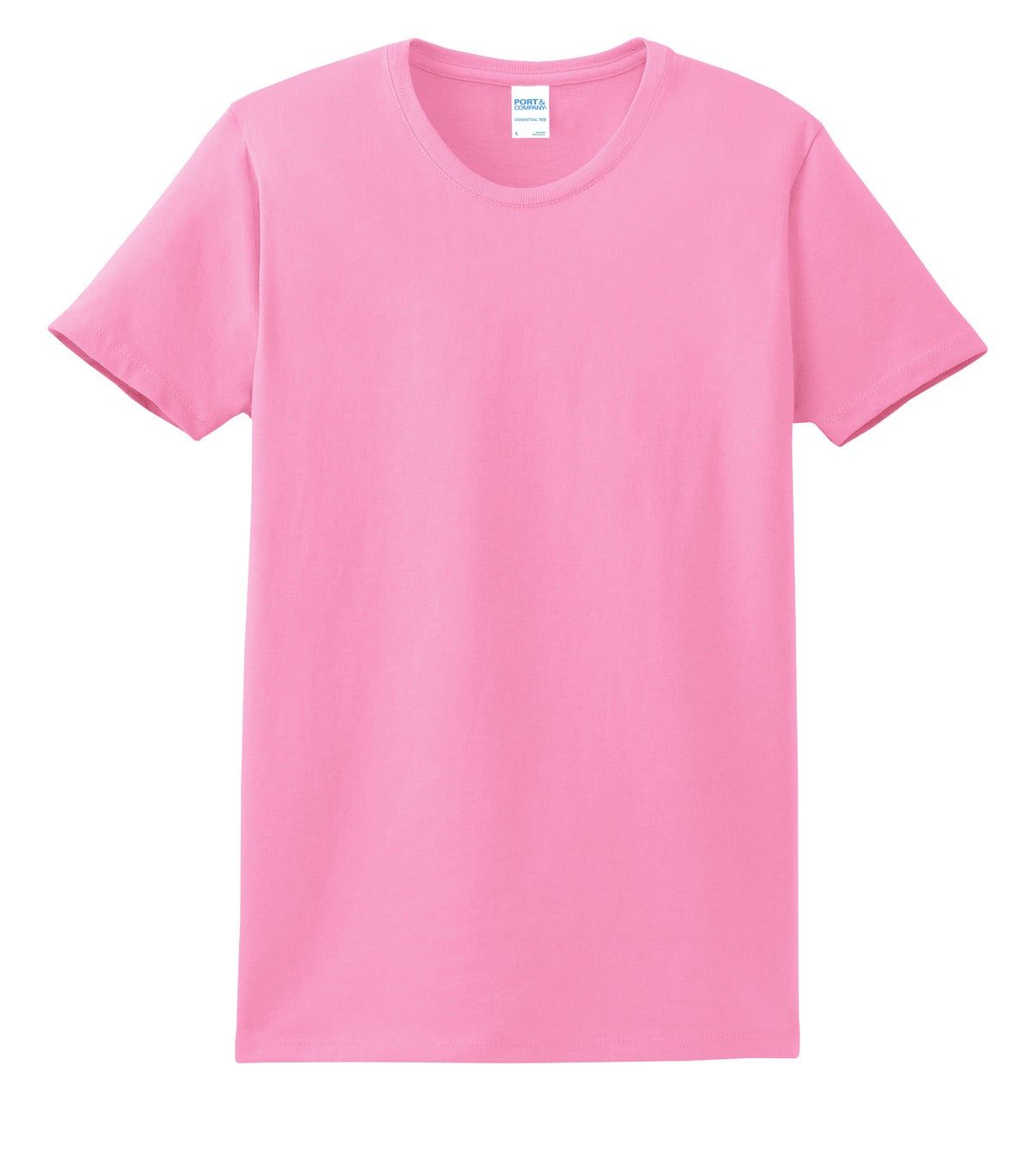 Front View of Candy Pink Port & Company Women's Essential Tee. LPC61
