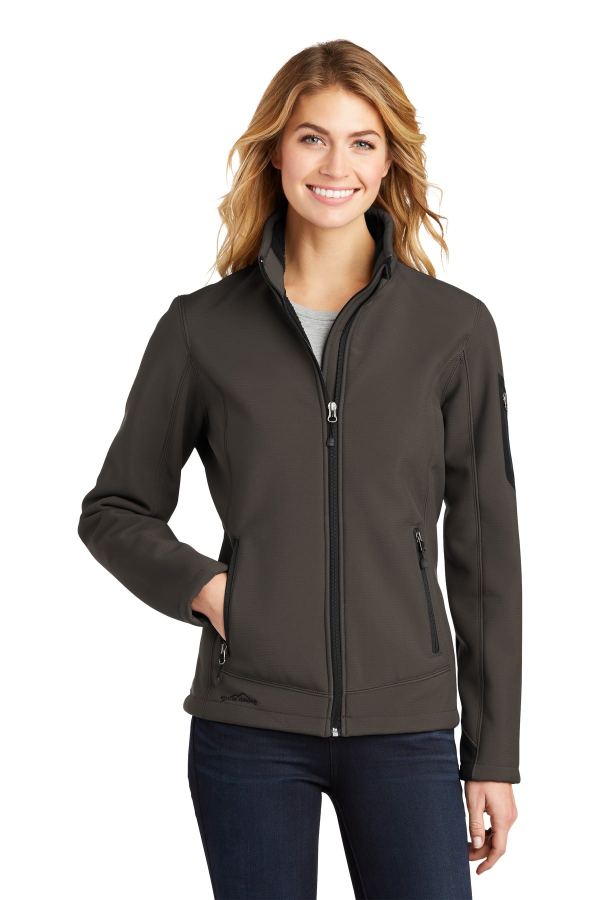 Front View of Canteen Grey Eddie Bauer Women's Rugged Ripstop Soft Shell Jacket. EB535