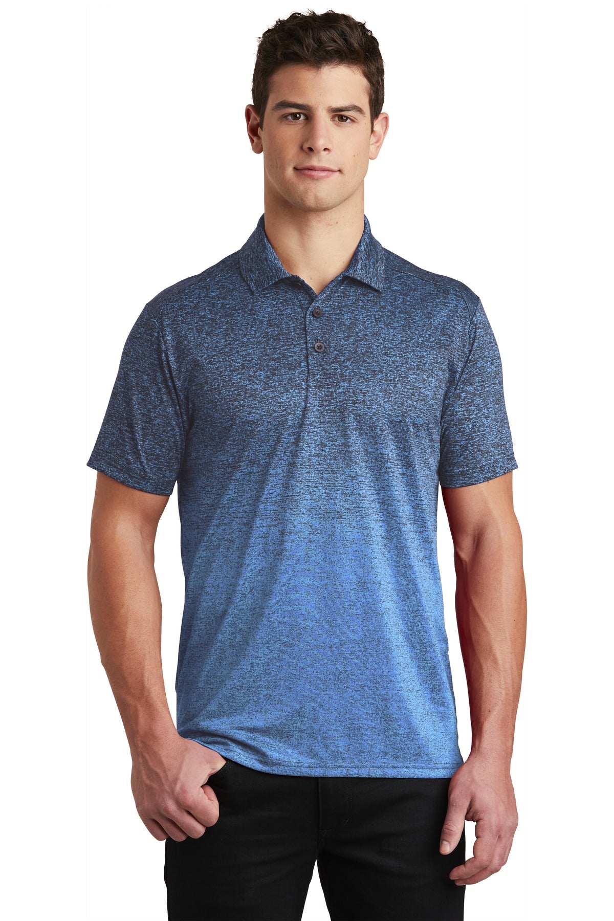 Front View of Car Blue/Tr Ny Sport-Tek Ombre Heather Polo. ST671