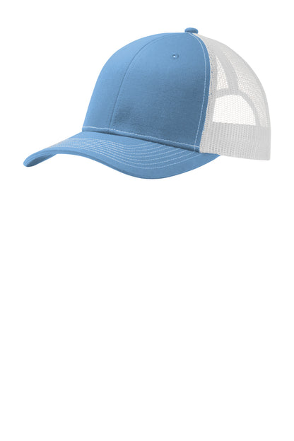 Front View of CarBl/Wht Port Authority Snapback Trucker Cap. C112