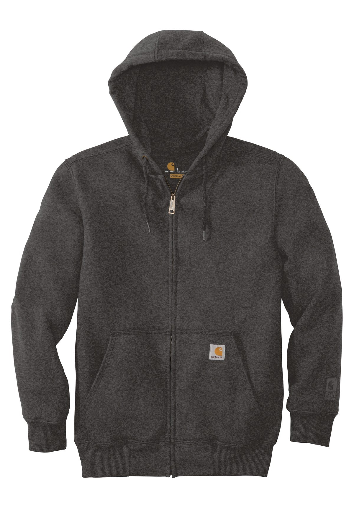 Front View of Carbon Heather Carhartt Rain Defender Paxton Heavyweight Hooded Zip-Front Sweatshirt. CT100614