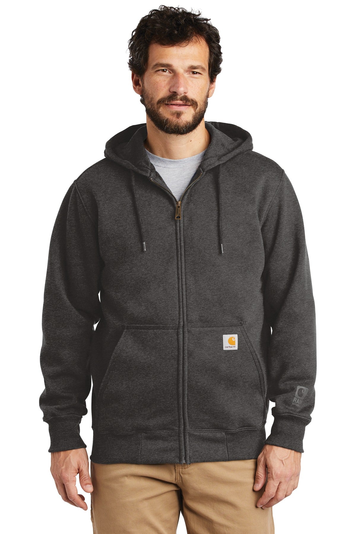 Front View of Carbon Heather Carhartt Rain Defender Paxton Heavyweight Hooded Zip-Front Sweatshirt. CT100614