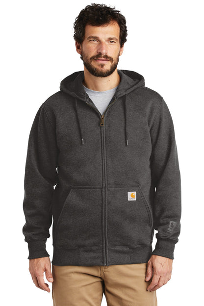 Front View of Carbon Heather Carhartt Rain Defender Paxton Heavyweight Hooded Zip-Front Sweatshirt. CT100614