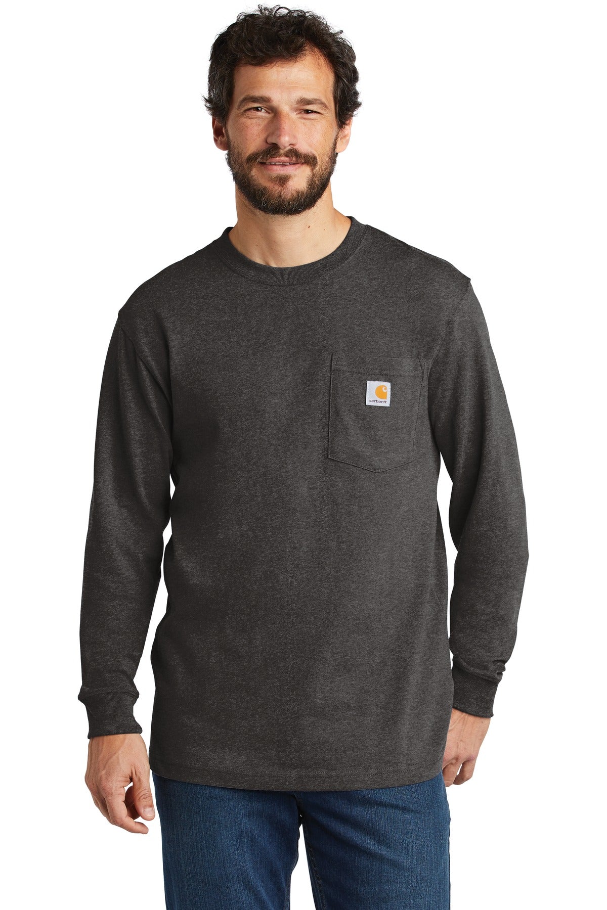 Front View of Carbon Heather Carhartt Workwear Pocket Long Sleeve T-Shirt. CTK126