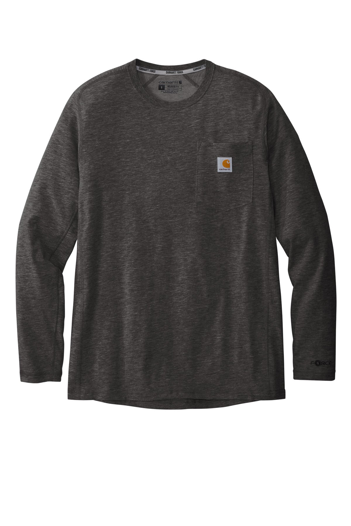 Front View of CarbonHthr Carhartt Force Long Sleeve Pocket T-Shirt CT106656