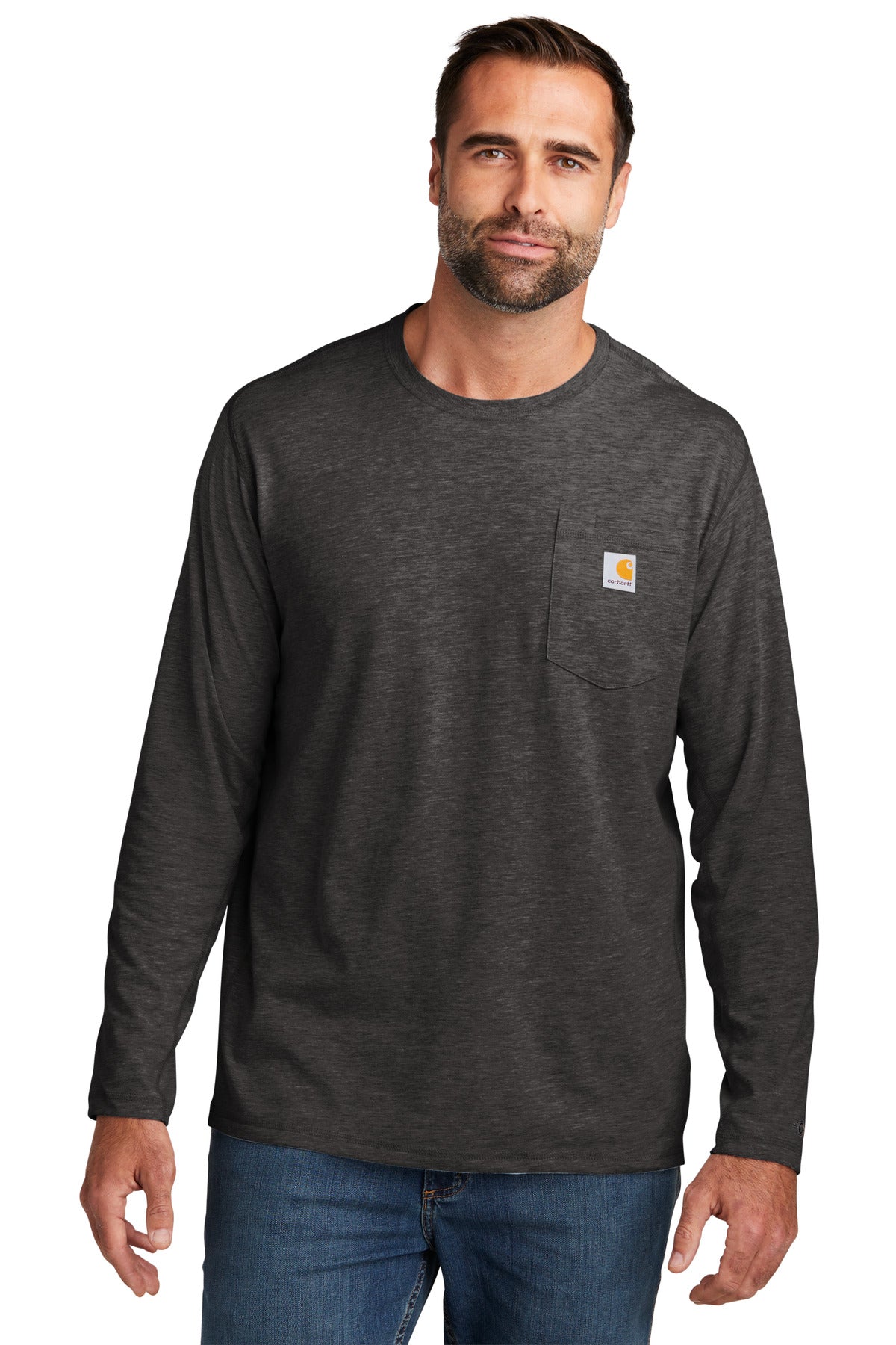 Front View of CarbonHthr Carhartt Force Long Sleeve Pocket T-Shirt CT106656