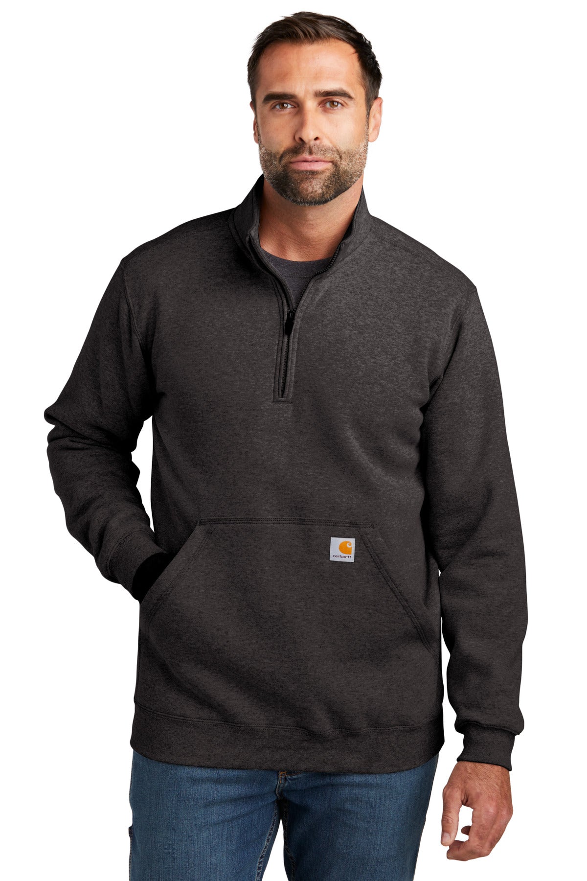 Front View of CarbonHthr Carhartt Midweight 1/4-Zip Mock Neck Sweatshirt CT105294