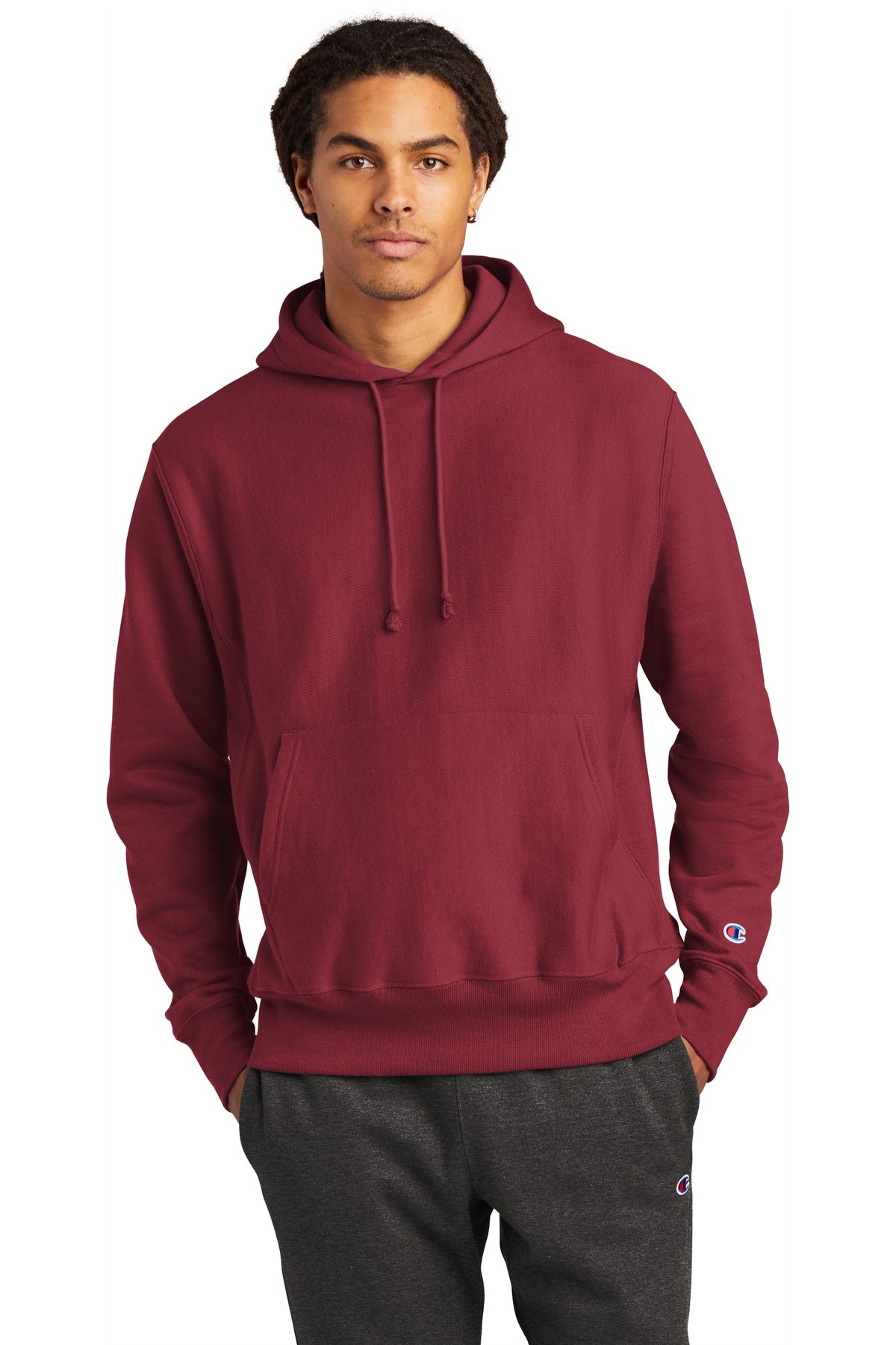 Front View of Cardinal Champion Reverse Weave Hooded Sweatshirt S101