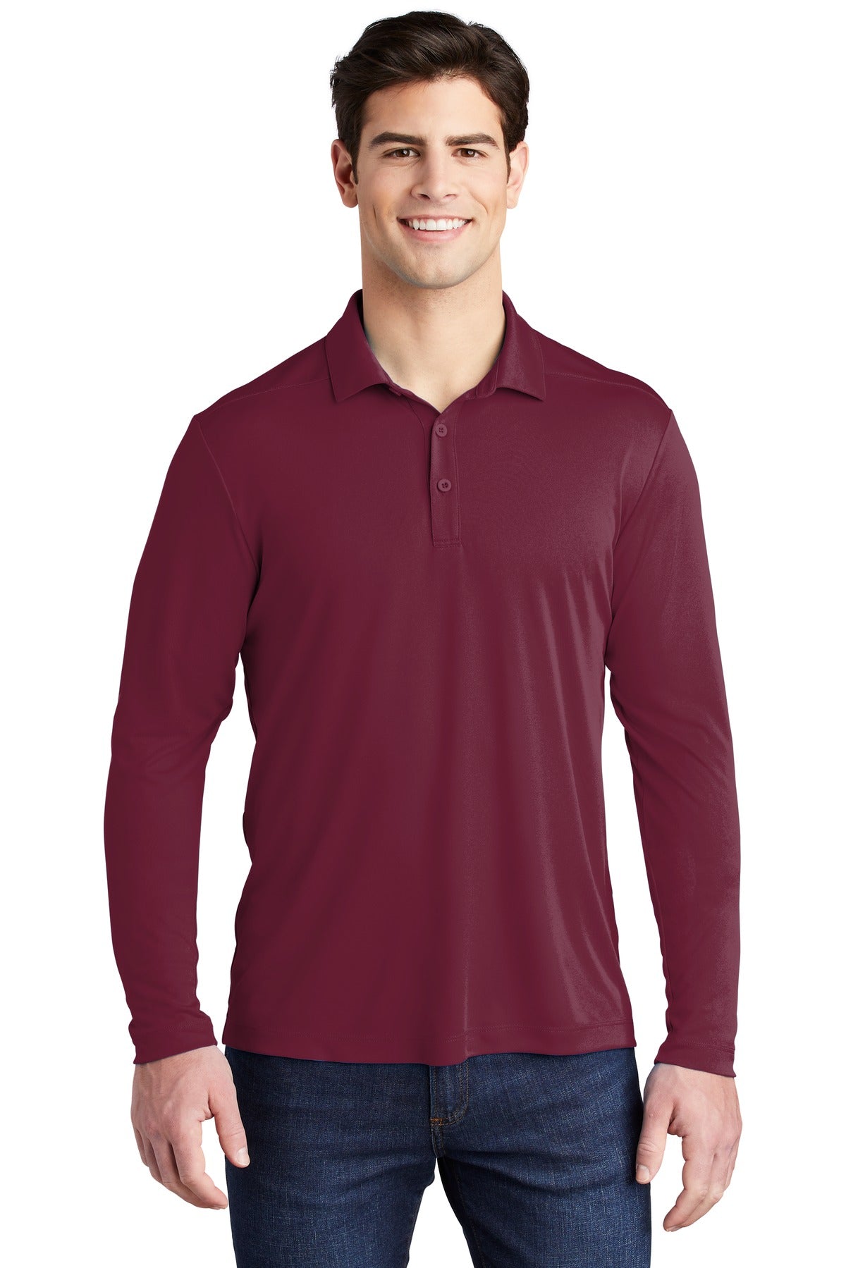Front View of Cardinal Sport-Tek Posi-UV Pro Long Sleeve Polo. ST520LS