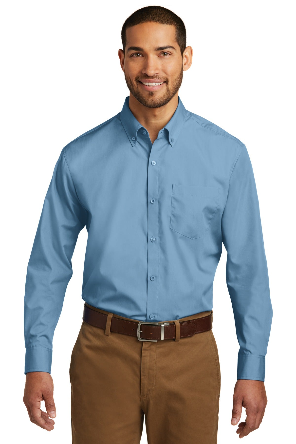 Front View of Carolina Blue Port Authority Long Sleeve Carefree Poplin Shirt. W100