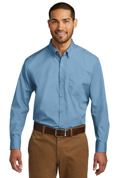 Front View of Carolina Blue Port Authority Long Sleeve Carefree Poplin Shirt. W100