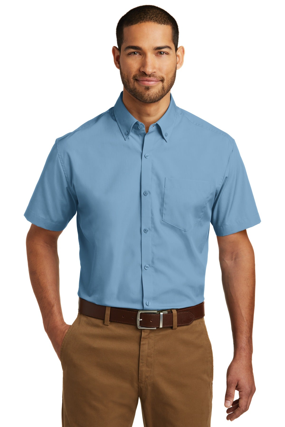 Front View of Carolina Blue Port Authority Short Sleeve Carefree Poplin Shirt. W101