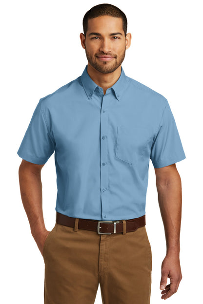 Front View of Carolina Blue Port Authority Short Sleeve Carefree Poplin Shirt. W101