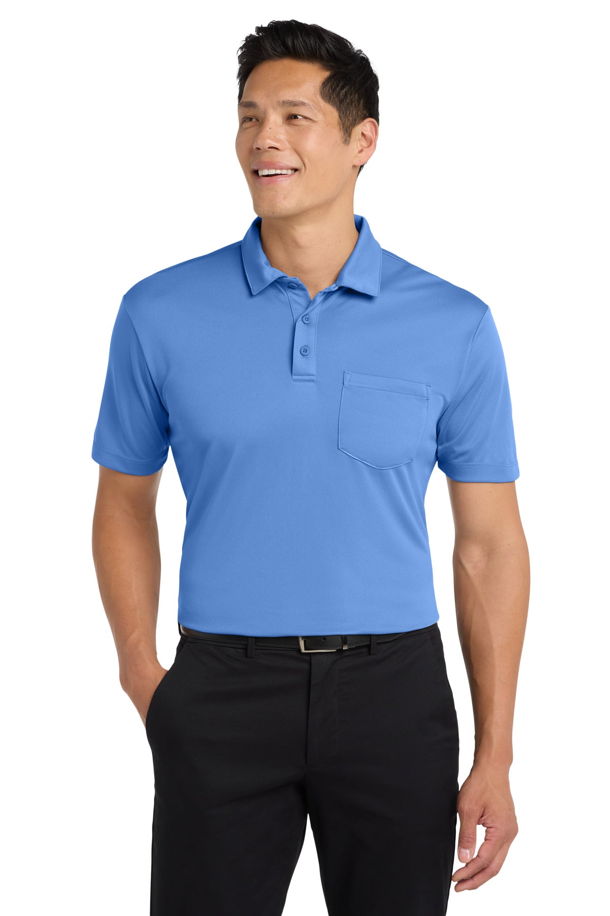 Front View of Carolina Blue Port Authority Silk Touch Performance Pocket Polo. K540P