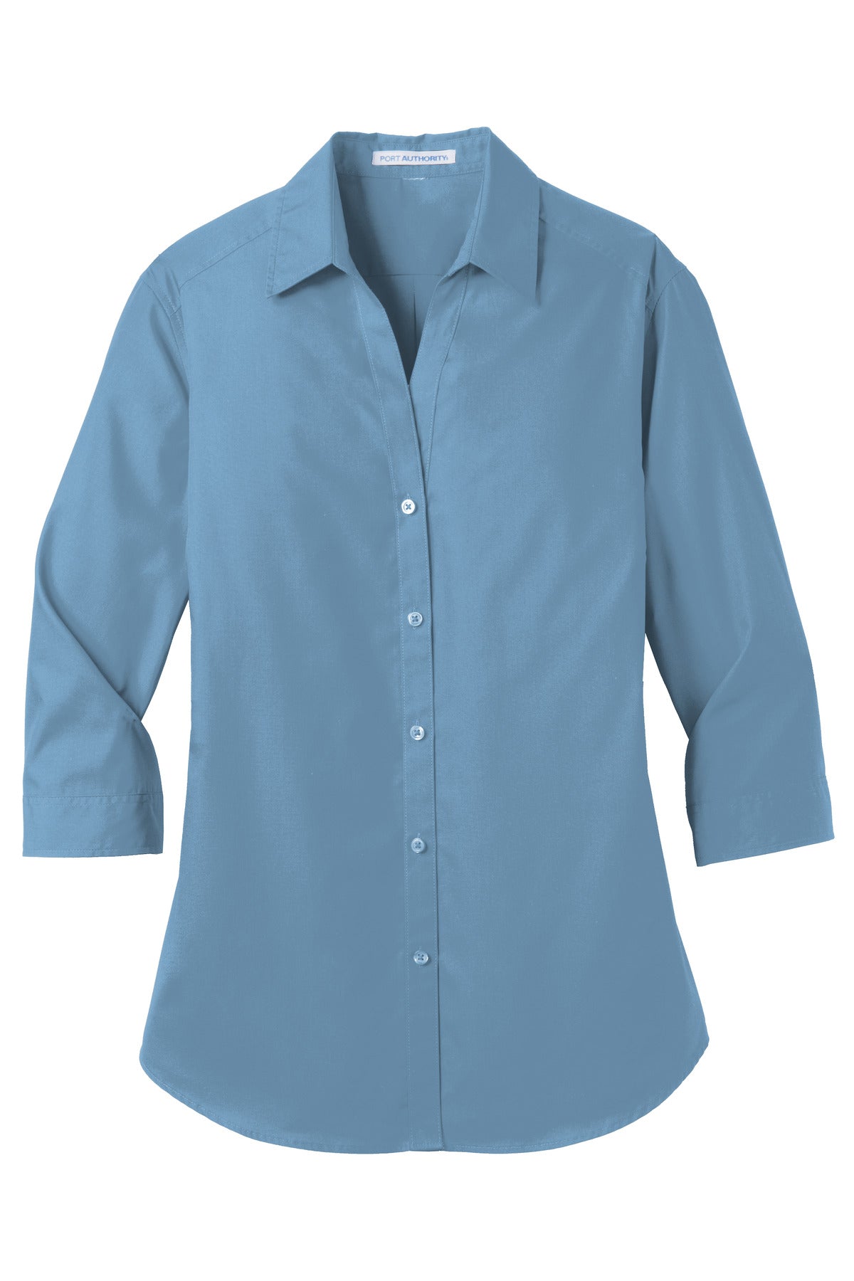 Front View of Carolina Blue Port Authority Women's 3/4-Sleeve Carefree Poplin Shirt. LW102