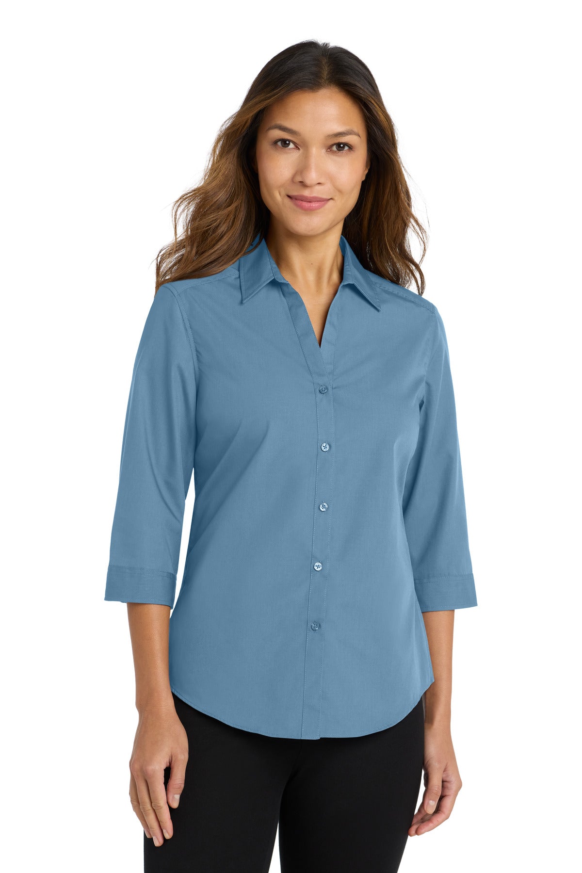 Front View of Carolina Blue Port Authority Women's 3/4-Sleeve Carefree Poplin Shirt. LW102
