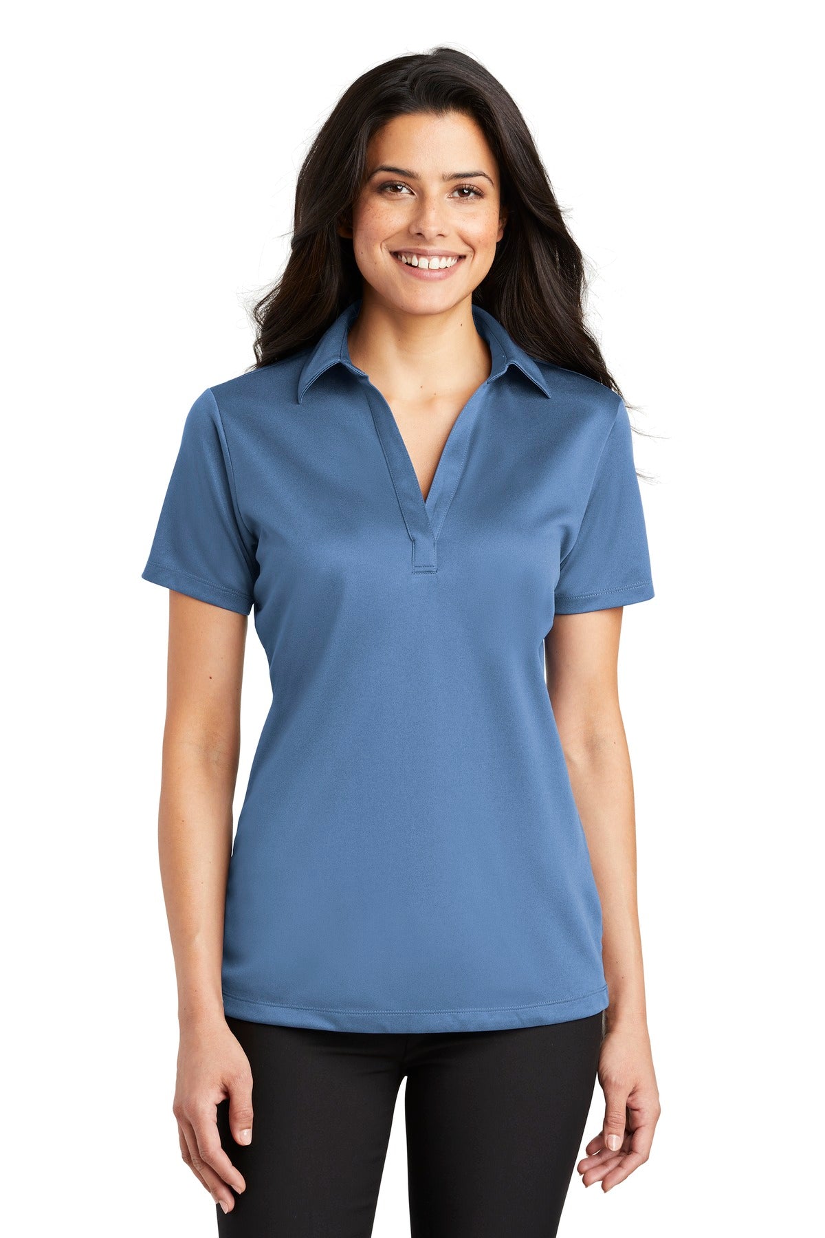 Front View of Carolina Blue Port Authority Women's Silk Touch Performance Polo. L540