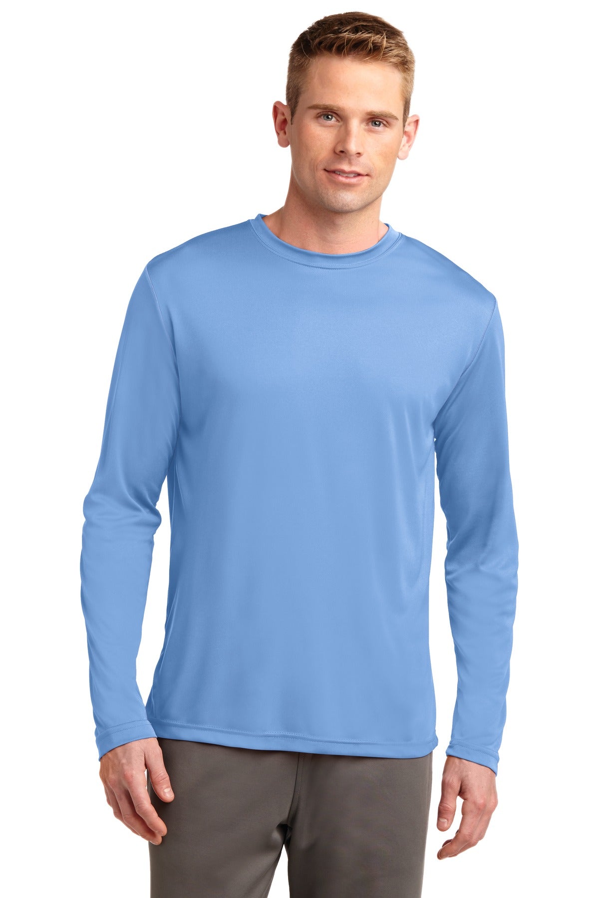 Front View of Carolina Blue Sport-Tek Tall Long Sleeve PosiCharge Competitor Tee. TST350LS