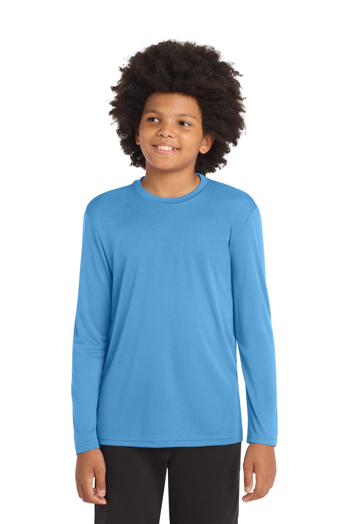 Front View of Carolina Blue Sport-Tek Youth Long Sleeve PosiCharge Competitor Tee. YST350LS