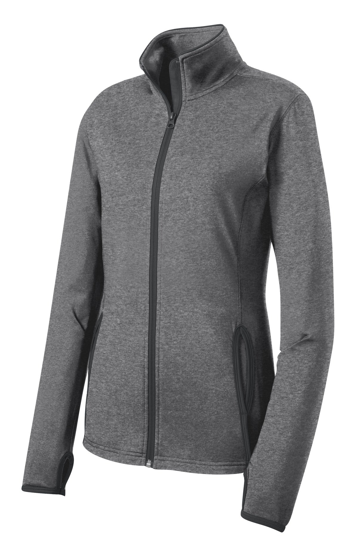 Front View of CGH/Char Grey Sport-Tek Women's Sport-Wick Stretch Contrast Full-Zip Jacket. LST853