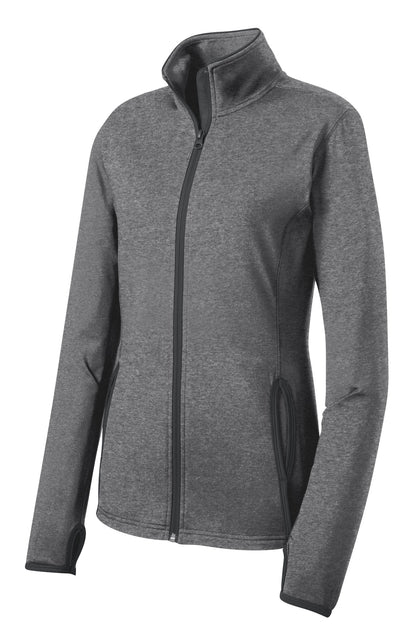 Front View of CGH/Char Grey Sport-Tek Women's Sport-Wick Stretch Contrast Full-Zip Jacket. LST853