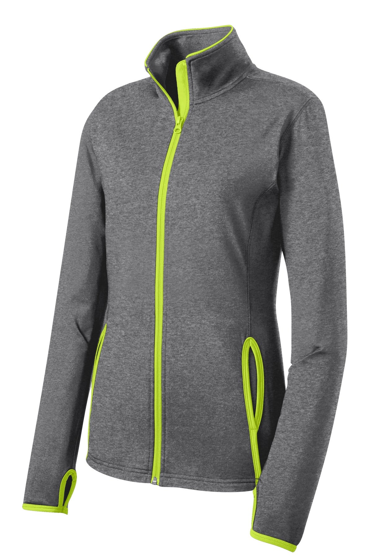 Front View of CGH/Charge Grn Sport-Tek Women's Sport-Wick Stretch Contrast Full-Zip Jacket. LST853