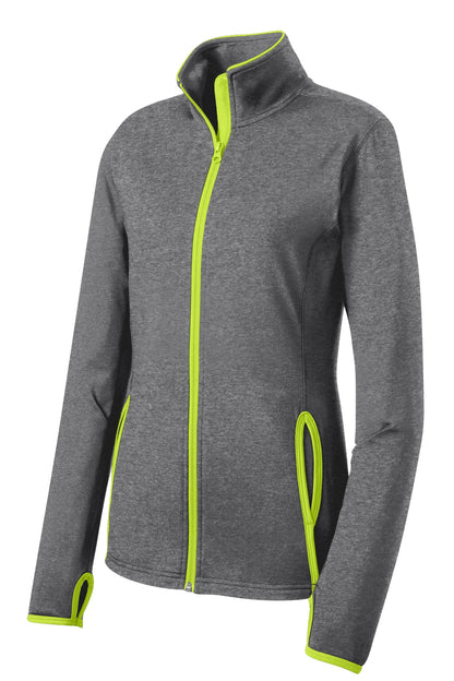 Front View of CGH/Charge Grn Sport-Tek Women's Sport-Wick Stretch Contrast Full-Zip Jacket. LST853