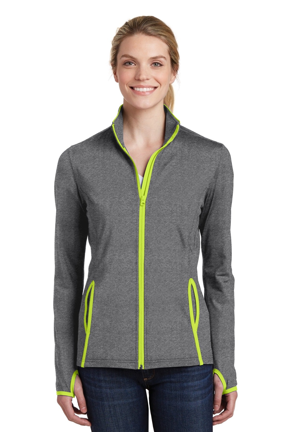 Front View of CGH/Charge Grn Sport-Tek Women's Sport-Wick Stretch Contrast Full-Zip Jacket. LST853