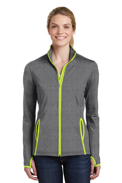 Front View of CGH/Charge Grn Sport-Tek Women's Sport-Wick Stretch Contrast Full-Zip Jacket. LST853