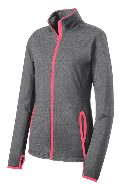 Front View of CGH/Hot Coral Sport-Tek Women's Sport-Wick Stretch Contrast Full-Zip Jacket. LST853