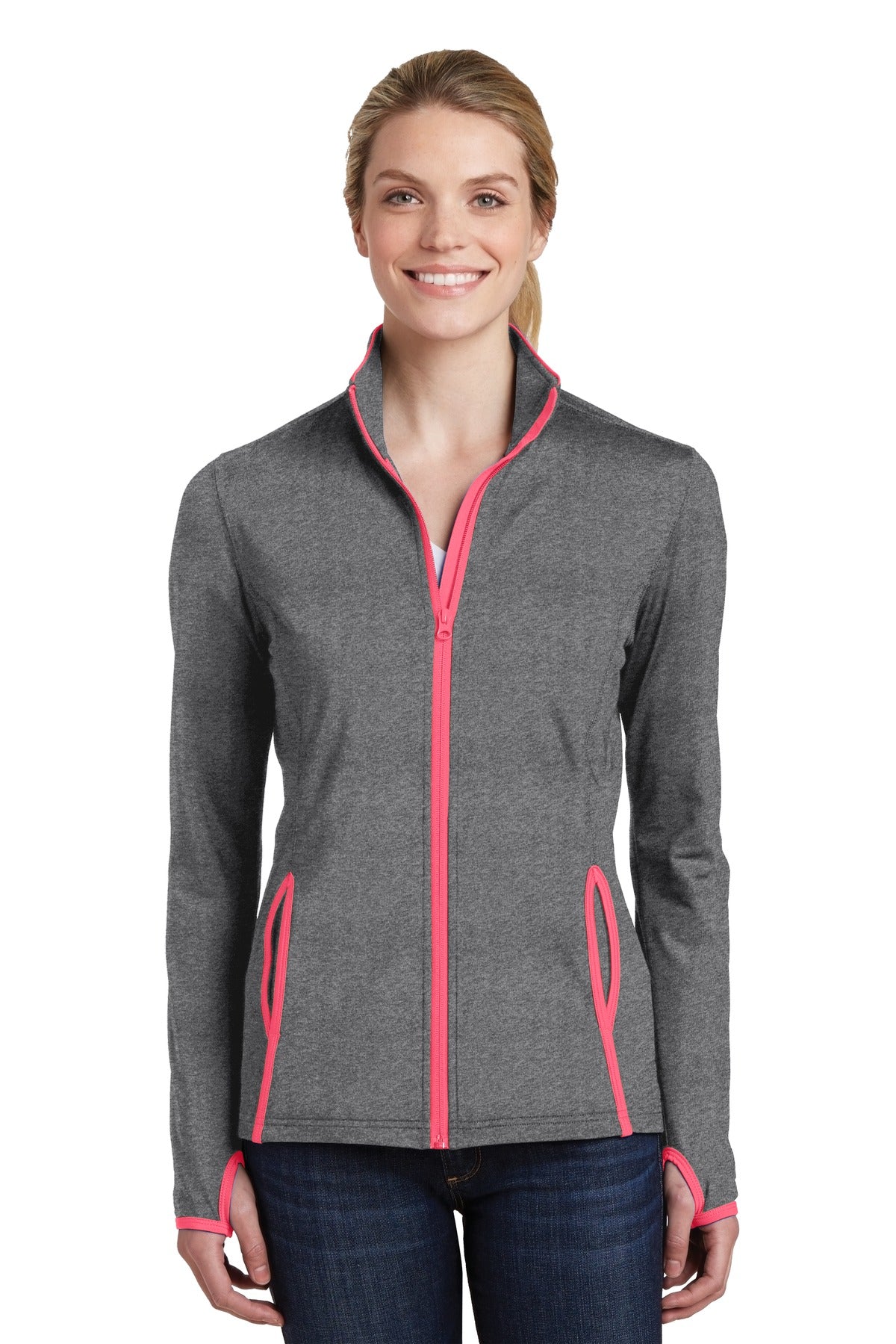 Front View of CGH/Hot Coral Sport-Tek Women's Sport-Wick Stretch Contrast Full-Zip Jacket. LST853