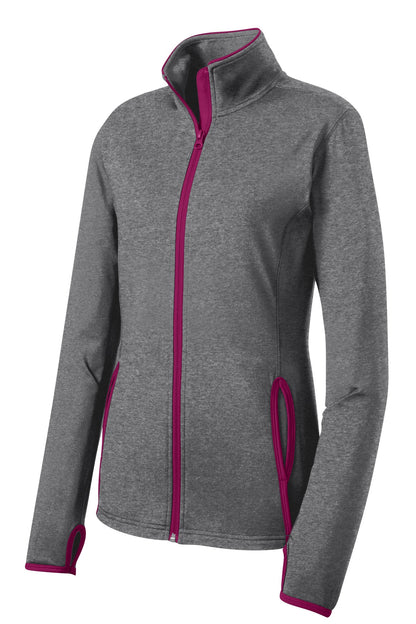 Front View of CGH/Pink Rush Sport-Tek Women's Sport-Wick Stretch Contrast Full-Zip Jacket. LST853