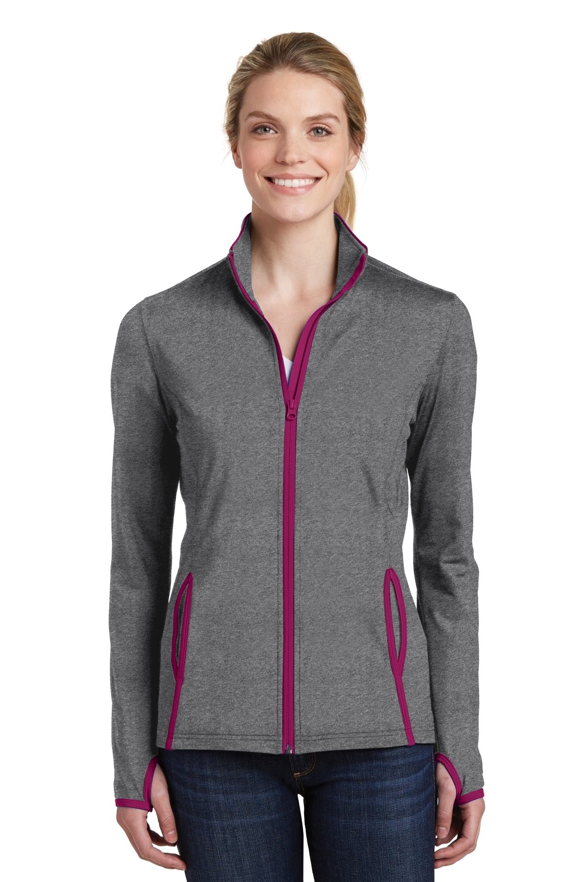 Front View of CGH/Pink Rush Sport-Tek Women's Sport-Wick Stretch Contrast Full-Zip Jacket. LST853