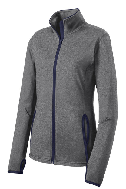 Front View of CGH/True Navy Sport-Tek Women's Sport-Wick Stretch Contrast Full-Zip Jacket. LST853