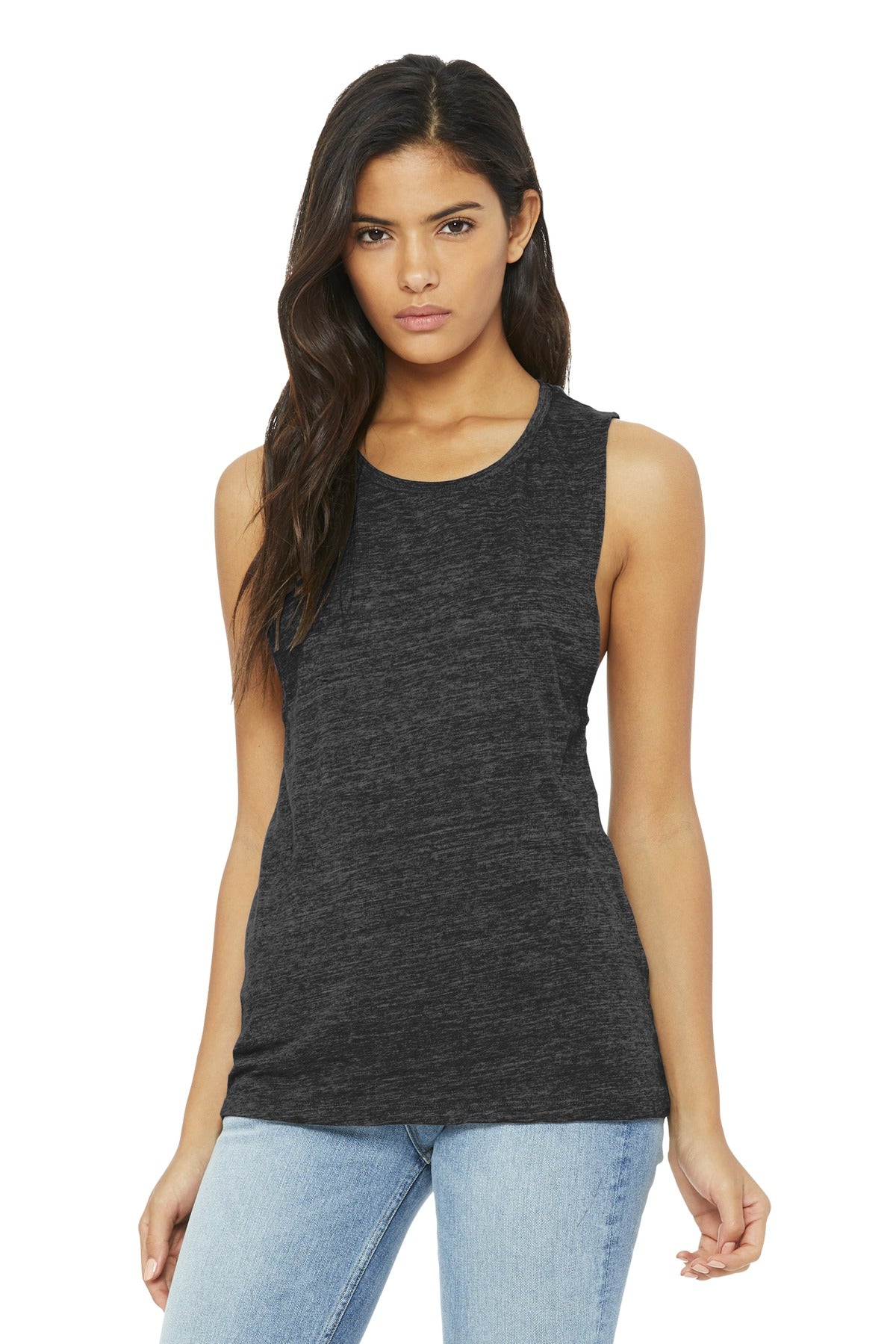 Front View of Char Blk Slub BELLA+CANVAS Women's Flowy Scoop Muscle Tank. BC8803