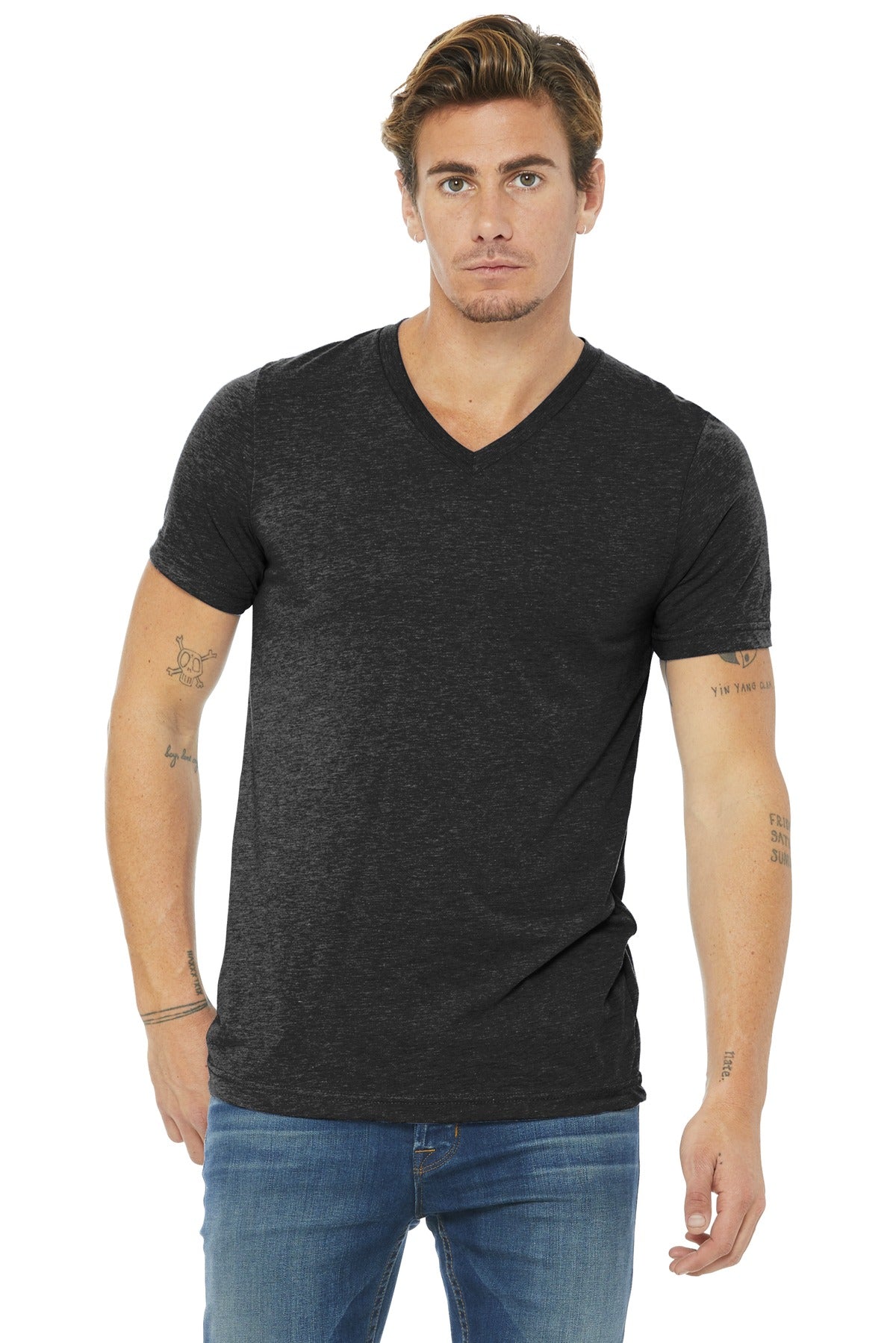 Front View of Char-Blk TB BELLA+CANVAS Unisex Triblend Short Sleeve V-Neck Te. BC3415