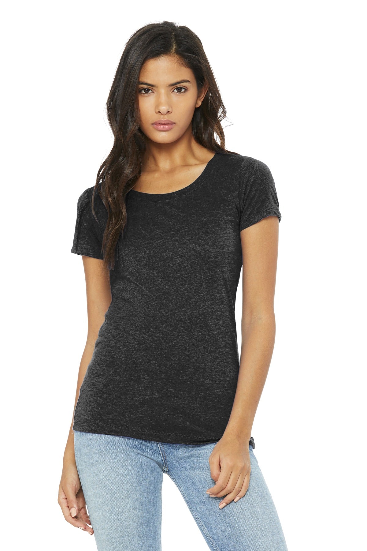 Front View of Char-Blk TB BELLA+CANVAS Women's Triblend Short Sleeve Tee. BC8413