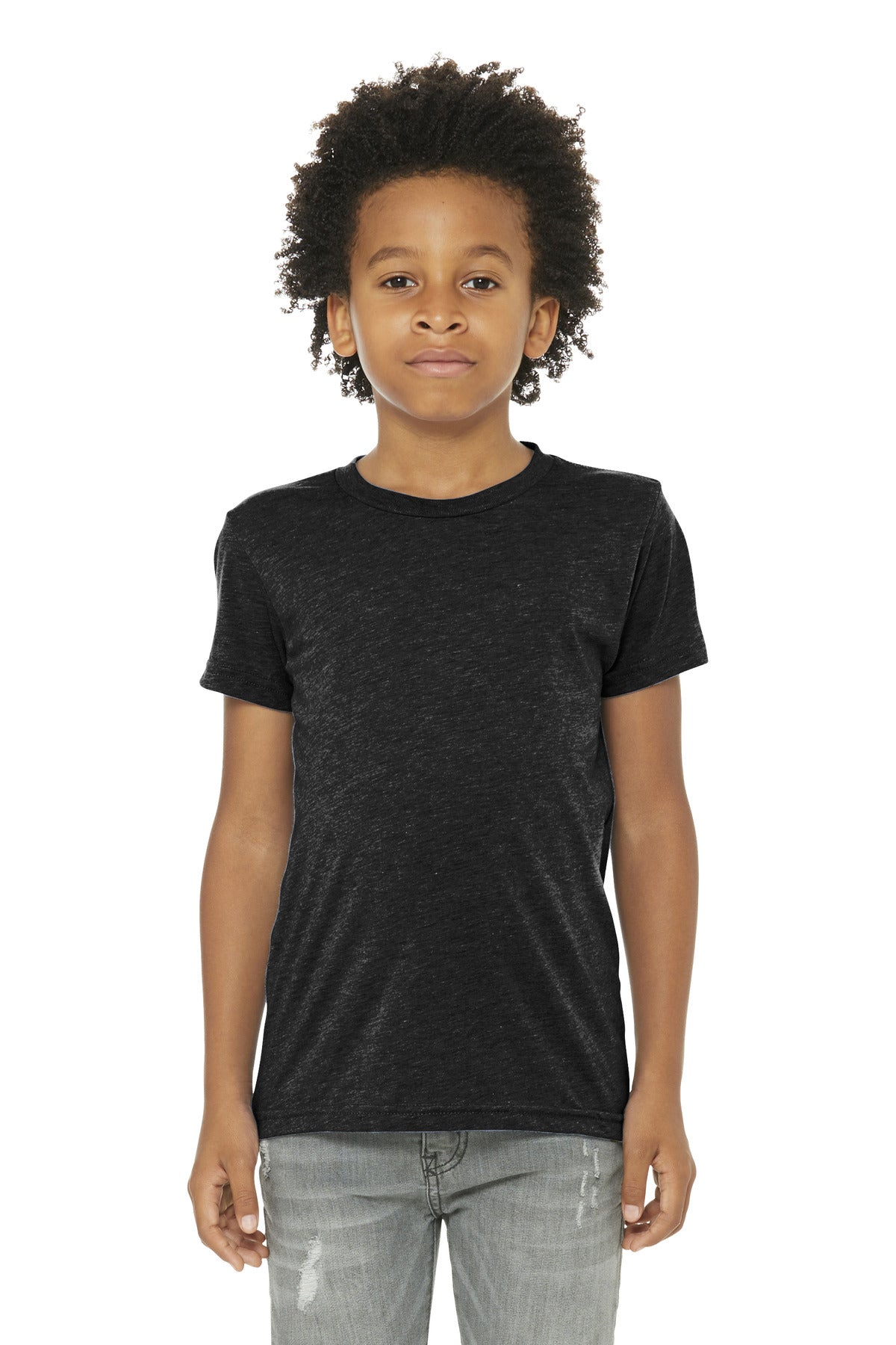Front View of Char-Blk TB BELLA+CANVAS Youth Triblend Short Sleeve Tee. BC3413Y