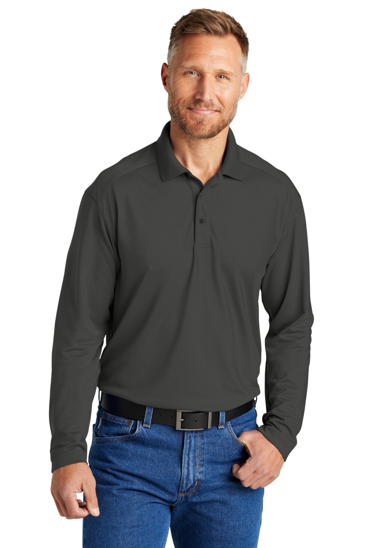 Front View of Charcoal CornerStone Select Lightweight Snag-Proof Long Sleeve Polo CS418LS