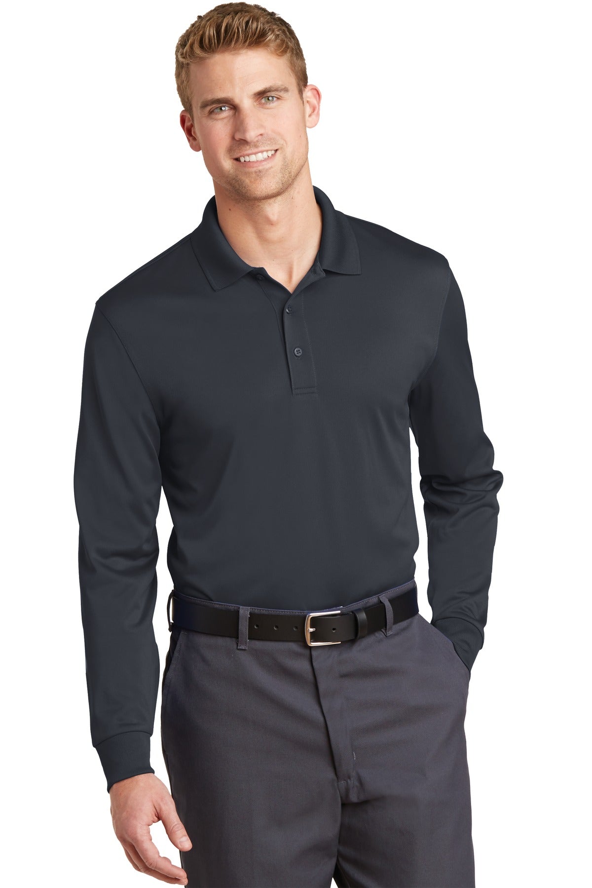 Front View of Charcoal CornerStone Select Snag-Proof Long Sleeve Polo. CS412LS