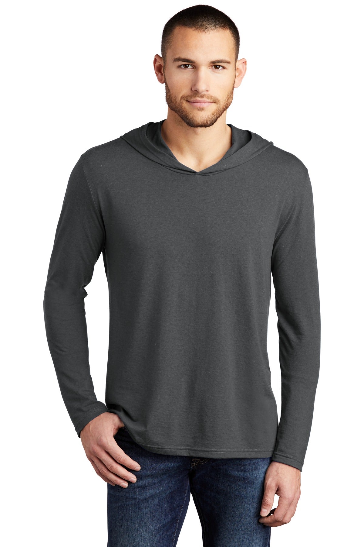 Front View of Charcoal District Perfect Tri Long Sleeve Hoodie. DM139