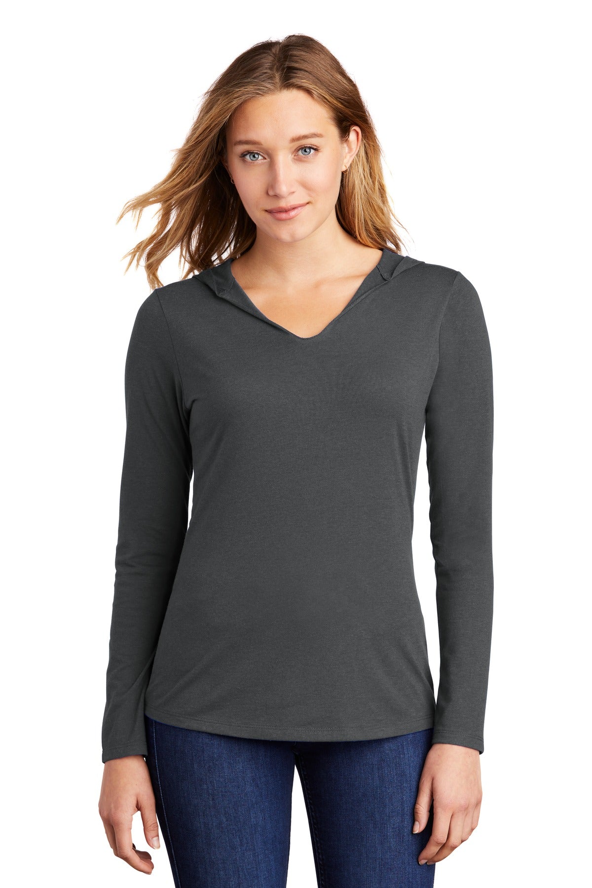Front View of Charcoal District Women's Perfect Tri Long Sleeve Hoodie. DM139L