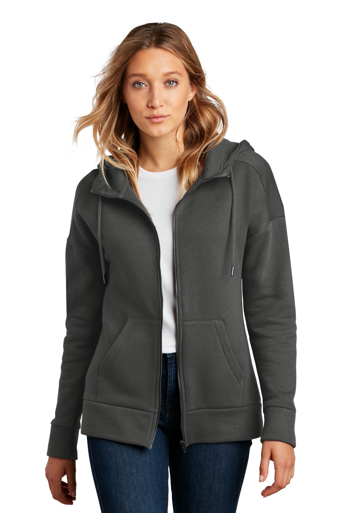 Front View of Charcoal District Women's Perfect Weight Fleece Drop Shoulder Full-Zip Hoodie DT1104
