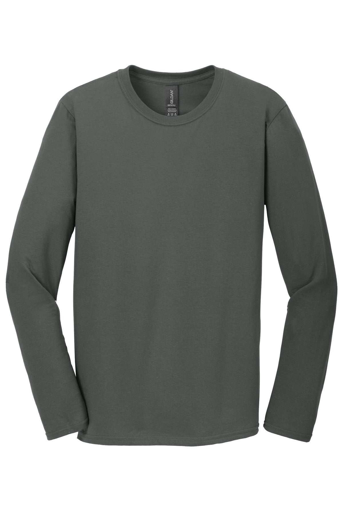 Front View of Charcoal Gildan Softstyle Long Sleeve T-Shirt. 64400