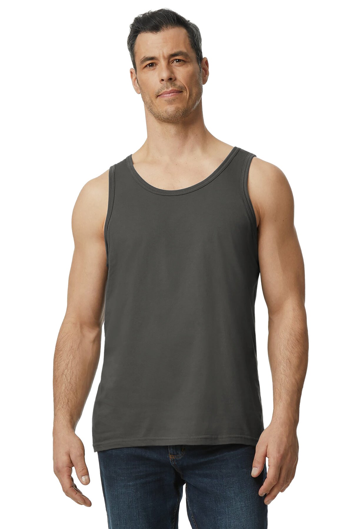 Front View of Charcoal Gildan Softstyle Tank Top 64200