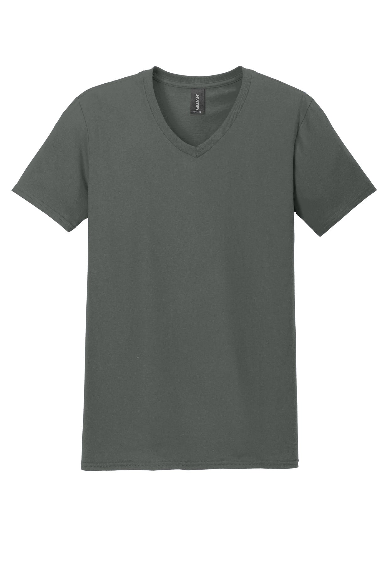 Front View of Charcoal Gildan Softstyle V-Neck T-Shirt. 64V00