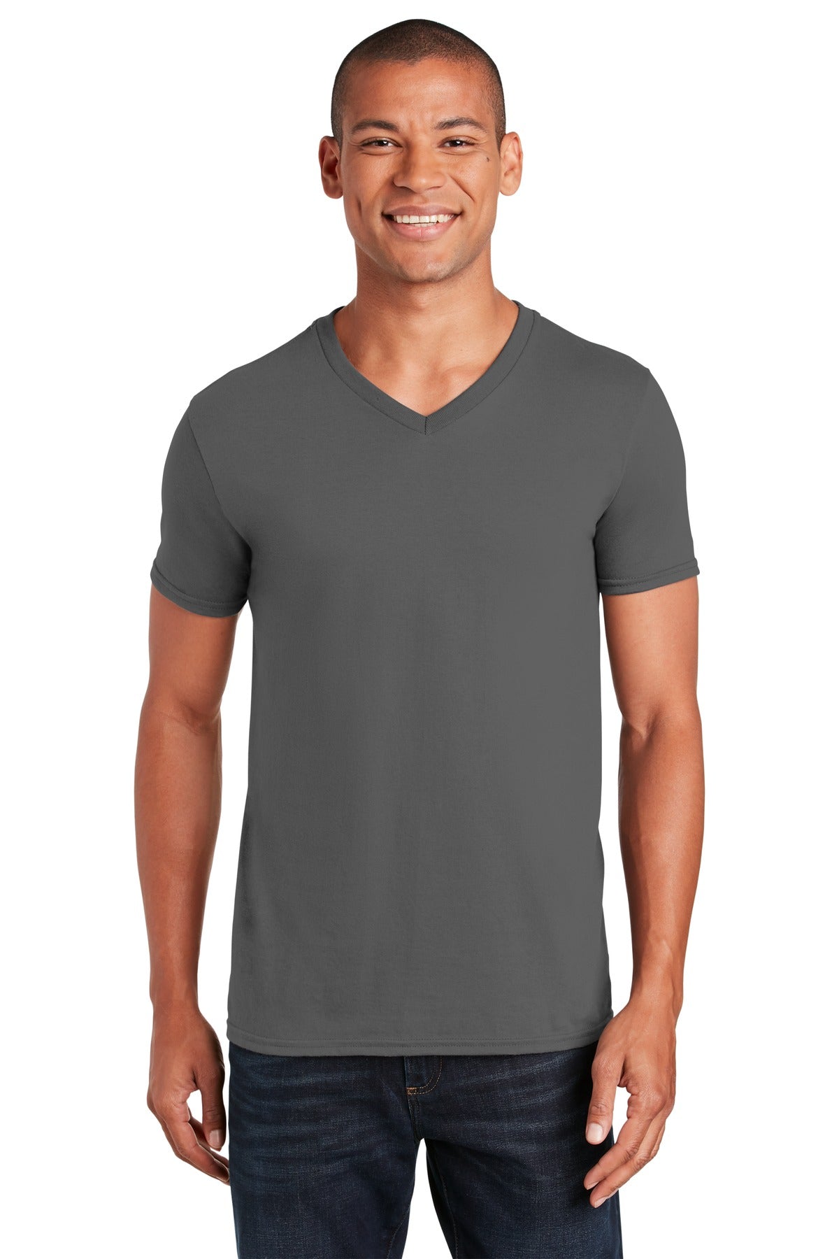 Front View of Charcoal Gildan Softstyle V-Neck T-Shirt. 64V00