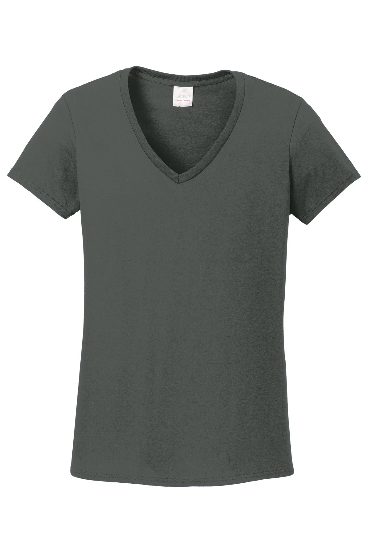 Front View of Charcoal Gildan Women's Heavy Cotton 100% Cotton V-Neck T-Shirt. 5V00L